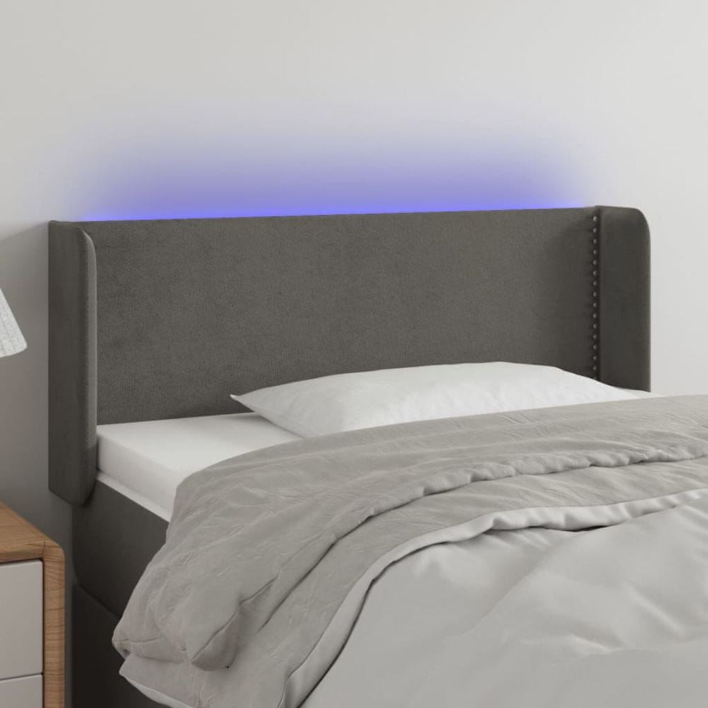 Vidaxl Čelo postele s LED tmavosivé 83x16x78/88 cm zamat